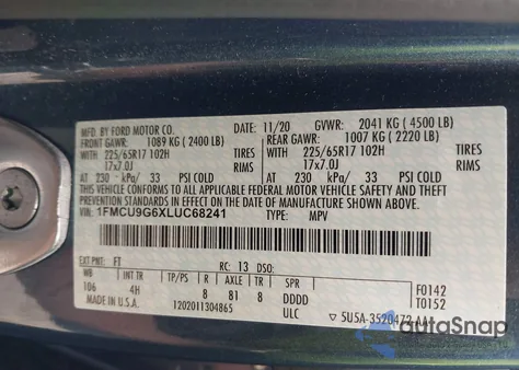 2020 Ford Escape Se from USA, damaged, VIN 1FMCU9G6XLUC68241